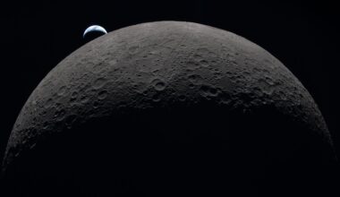 The upper half of the moon, partially lit, with a small crescent-shaped Earth in the background