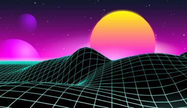 A ball of yellow and pink sits behind a wall of pink gas with ripples of black and green gridded fabric in the foreground.