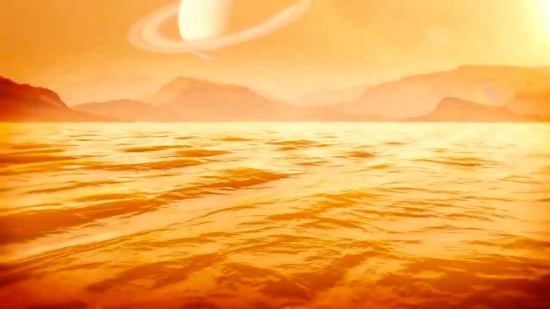 Orange-ish sea with gentle waves, mountains in distance and big ringed planet in hazy sky.