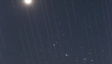 Image of Starlink satellites crossing in front of Venus and the Pleiades cluster. Credit - Torsten Hansen/IAU OAE