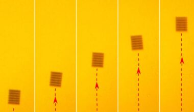 A sequence shows a metasurface “metajet” moving under laser illumination, demonstrating light driven manoeuvre (Credit: Dr. Shoufeng Lan).