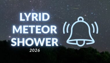 text lyrid meteor shower 2026 glows blue and a notification bell on the right, in the background is a meteor shower with trees silhouetted below.