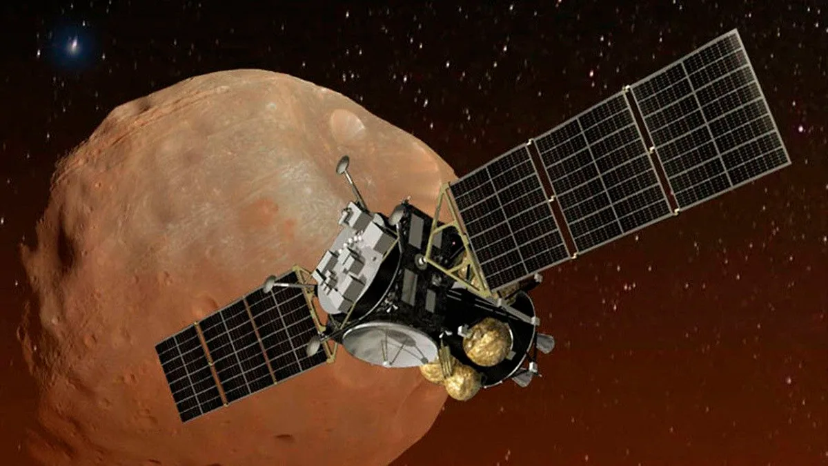 The Martian Moons Explorer in front of Phobos
