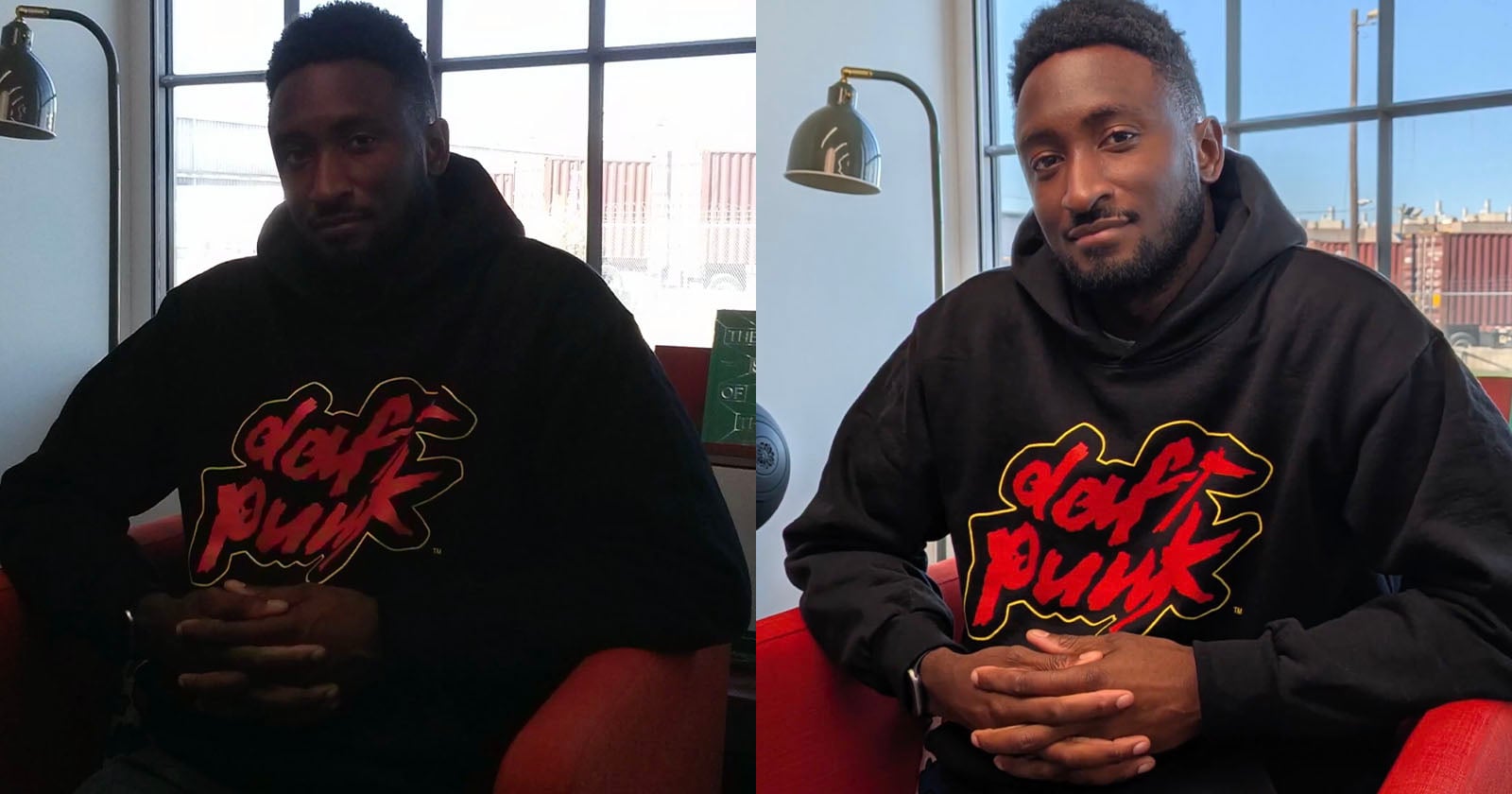 A man wearing a black Daft Punk hoodie sits in a red chair with his hands clasped. The left side of the image is dark, while the right side is bright and clear, showing improved lighting.