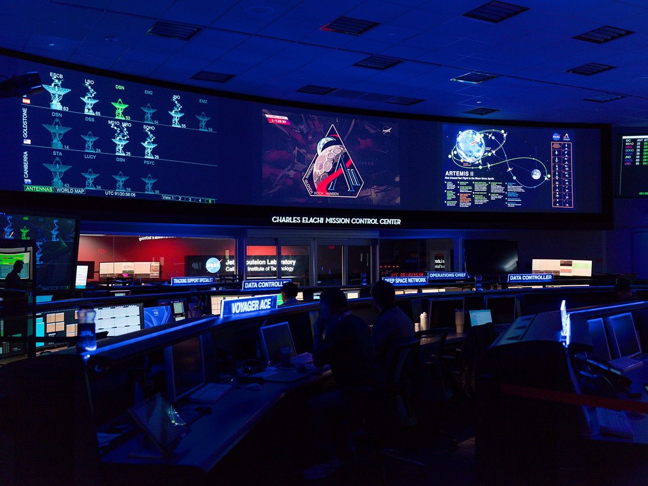 The Artemis II mission patch appears in the center screen of the Space Flight Operations Facility at NASA's Jet Propulsion Laboratory in Southern California on April 1, 2026, shortly before the mission launched to the Moon.