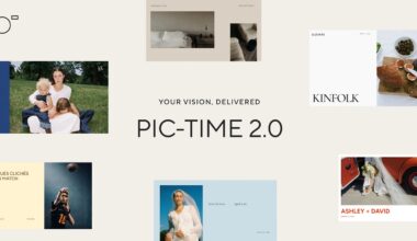 A collage of website previews surrounds the text "Your Vision, Delivered PIC-TIME 2.0" on a light background, showcasing photography, food, sports, weddings, and lifestyle themes.