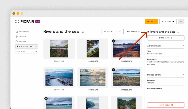 A screenshot of the Picfair web interface shows a photo album titled "Rivers and the sea" with landscape images. An arrow points to the "UPLOAD" button in the top right corner of the screen.