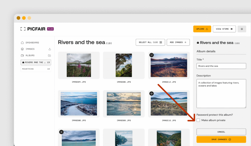 A screenshot of a photo album editor on Picfair, showing an album called "Rivers and the sea" with photo thumbnails and an arrow pointing to a "Make album private" password option.