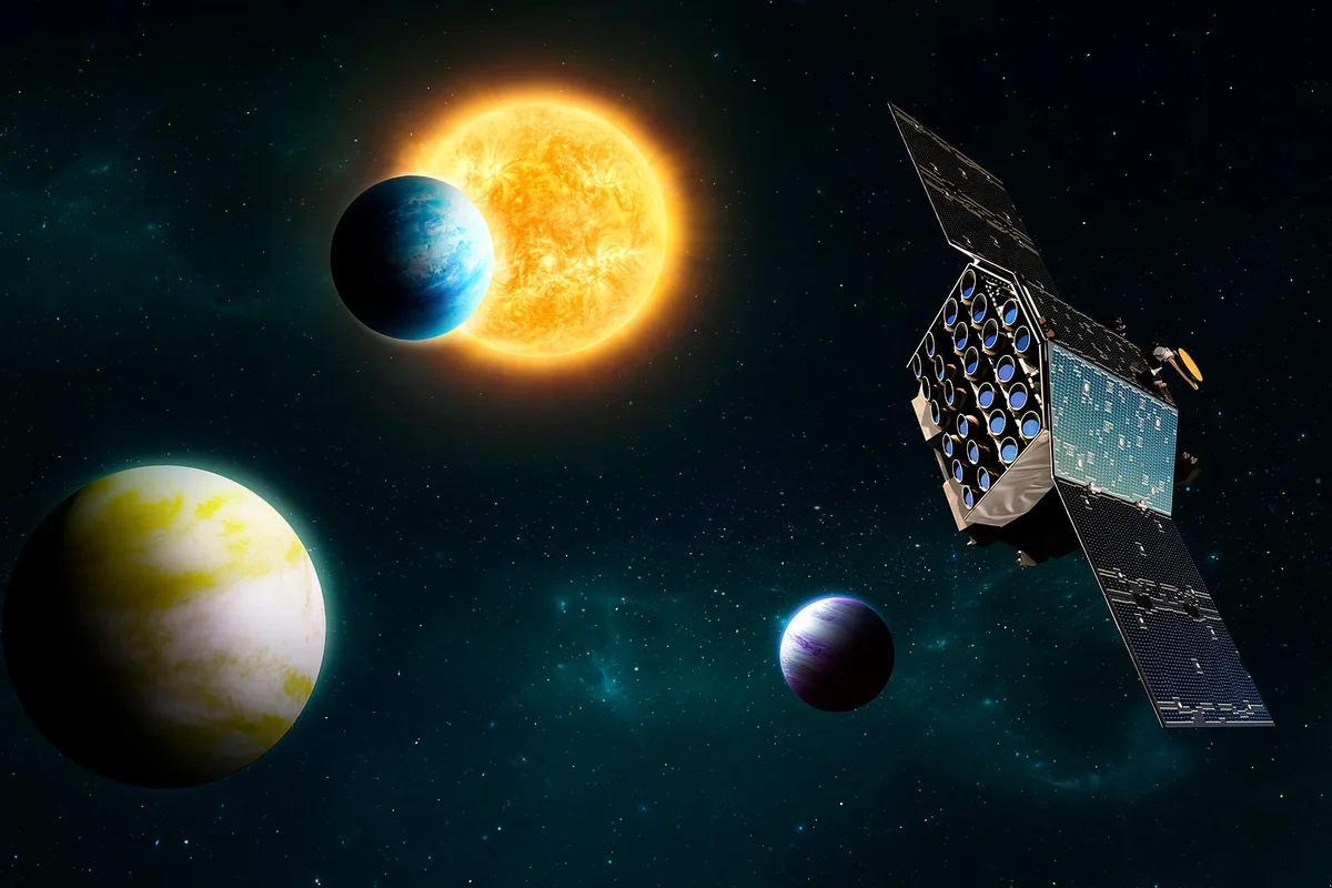 PLATO spacecraft with a star and several planets in the background