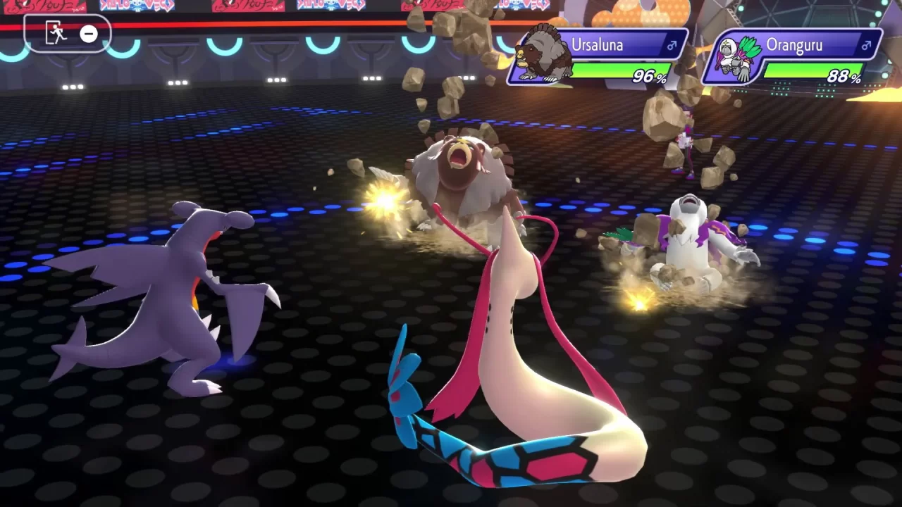 Pokemon Champions screenshot of a Garchomp and Milotic battling an Ursaluna and Oranguru