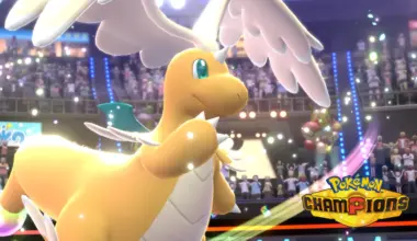 A screenshot of Pokemon Champions, depicting a Mega Evolved Dragonite.