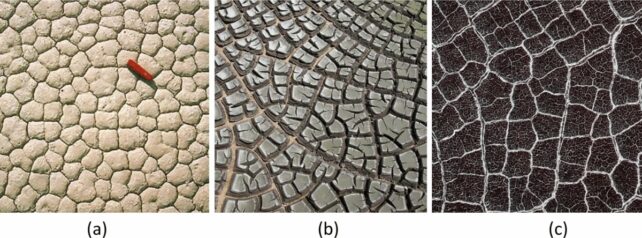 A collage of three images showing cracked ground in polygonal patterns