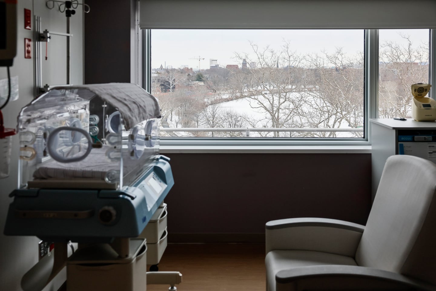 An incubator sat near a window inside the neonatal intensive care unit at Mount Auburn Hospital in Cambridge.