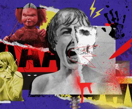 Collage featuring images from the movies Psycho, Scream and Chucky