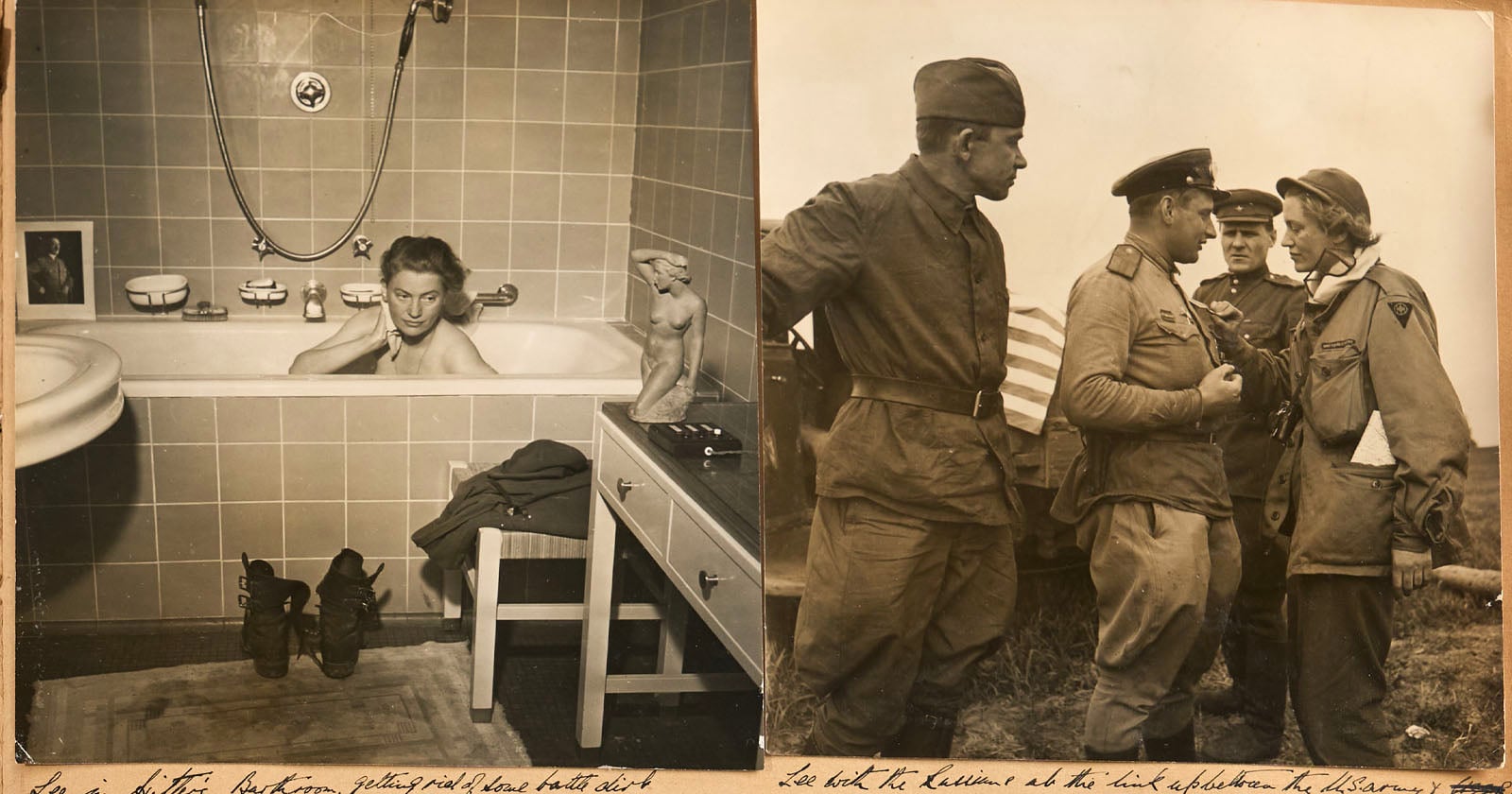 A split image: left side shows a person taking a bath in a tiled bathroom with boots on the floor; right side shows four soldiers in uniform talking outdoors. Handwritten captions are visible below both images.