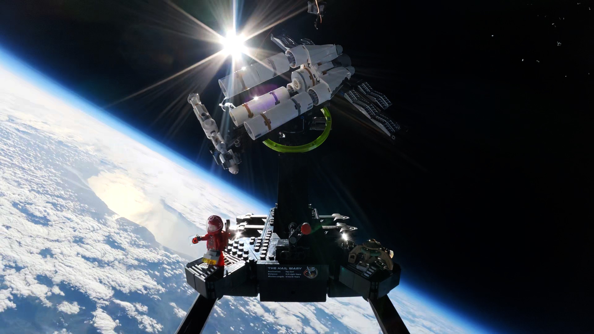 a triangular spacecraft made of white plastic blocks against the backdrop of Earth seen from space
