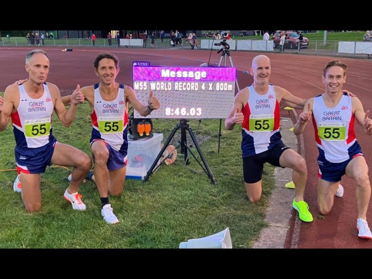 Adrian and his team achieving the world record for 4 x 800m in Nuneaton for the M55 category. Thy hold the outdoor and indoor record.