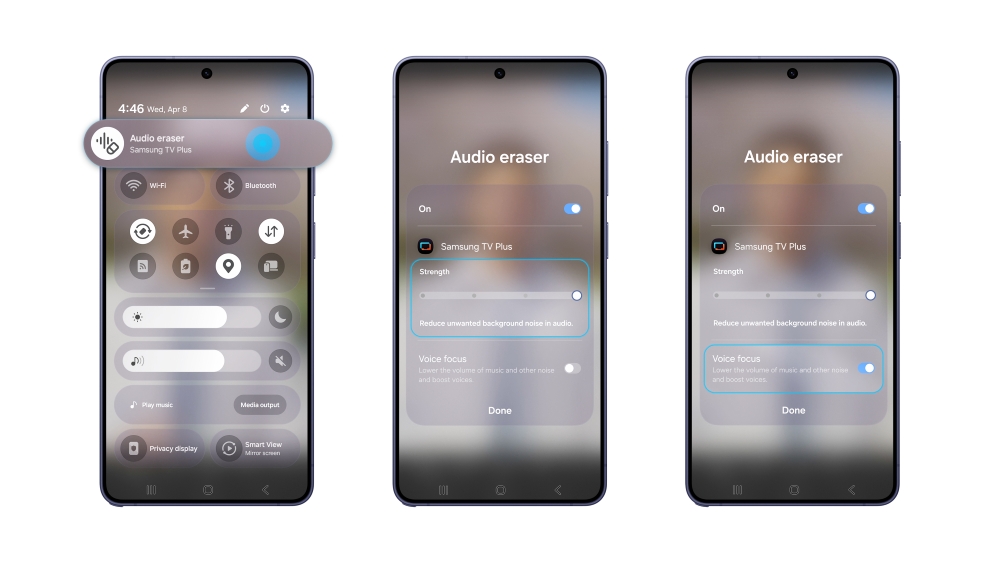 Access Audio Eraser via the Quick panel on the Galaxy S26 series, with controls to adjust “Strength” and enable “Voice focus.”