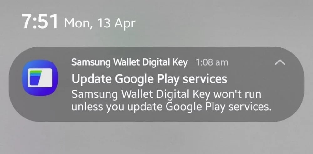 samsung wallet google play services update warning