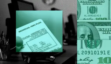 A dark, black and white background of an office space with a greenish square centered on the left depicting an insurance card with a series of rectangles on the right depicting a 100 dollar bill.