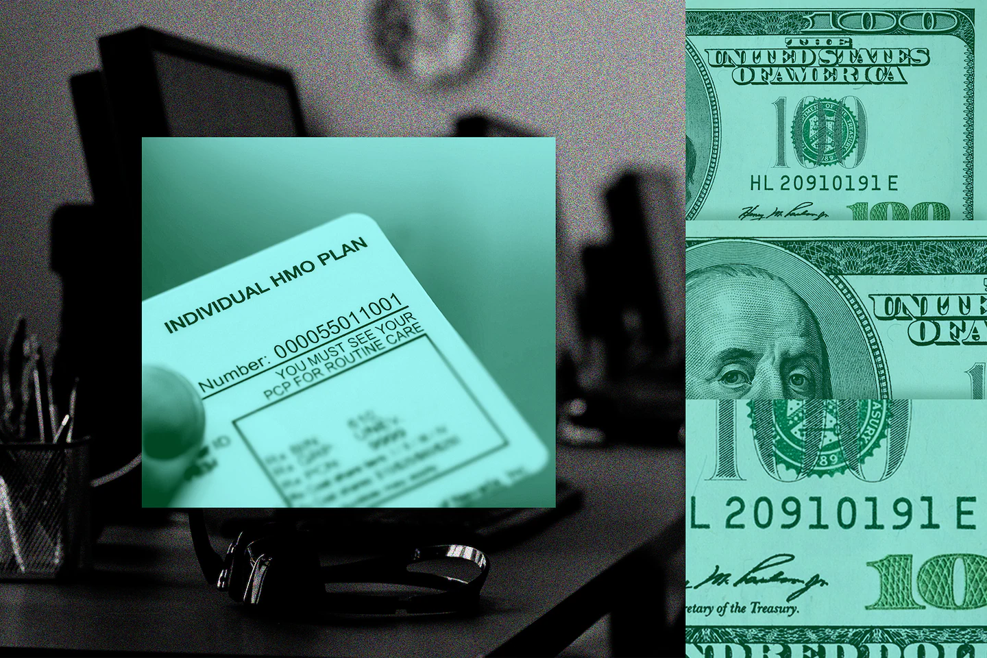 A dark, black and white background of an office space with a greenish square centered on the left depicting an insurance card with a series of rectangles on the right depicting a 100 dollar bill.
