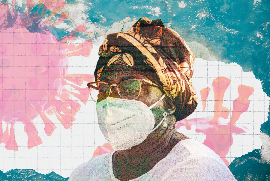 A collage graphic shows an image of a Black woman wearing a KN95 mask and headscarf, against a background with images of the coronavirus and the ocean.