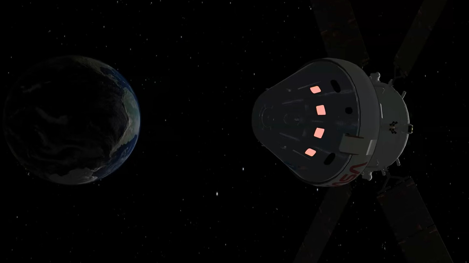 an illustration of a cone-shaped spacecraft in orbit around earth, both in shadow