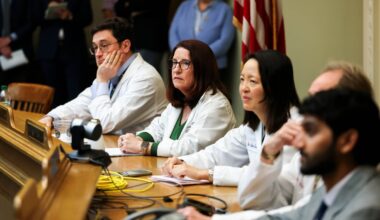 Dr. Michael Barnett, Dr. Kristen Gunning, and Dr. Zoe Tseng spoke at the Massachusetts State House in February about the challenges they face as primary care doctors seeking to form a union.