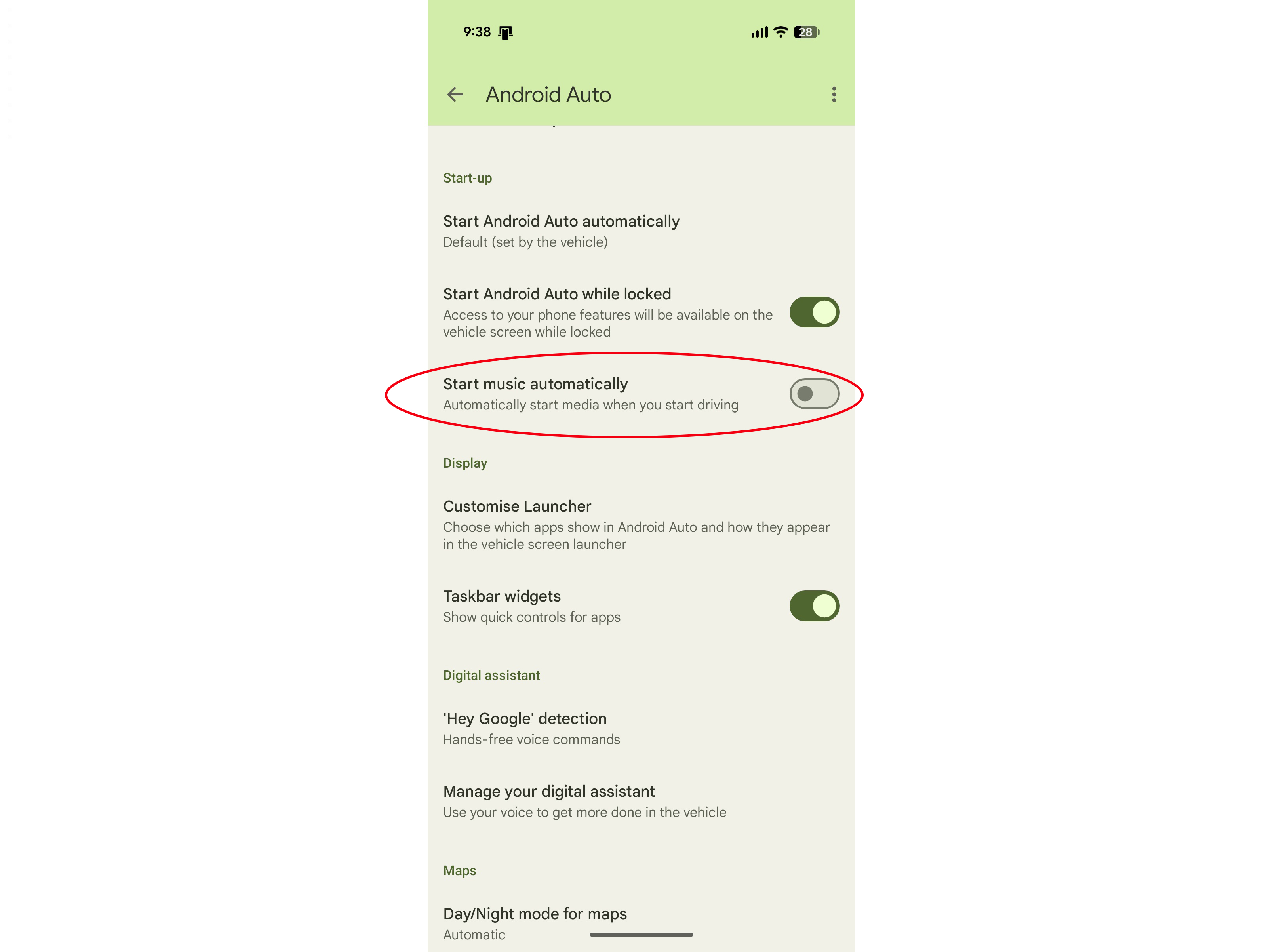 Screenshot showing option to disable auto-play music in Android Auto settings