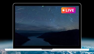 laptop graphic with a meteor shower on the screen and "live" in the top right corner. The background is a view of Earth from space.