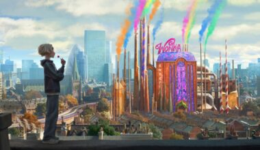 An animated blonde-haired boy stands on a rooftop looking toward a vibrant, whimsical Wonka chocolate factory that emits colorful smoke into a city skyline.