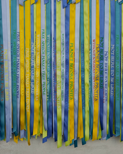 THURSDAY, APRIL 9, 2026 - "Political Ribbons (Glenstone)," by Andrea Bowers, 2026, on display at the Glenstone Museum. Bowers invites viewers to take a ribbon home with them as part of the work.