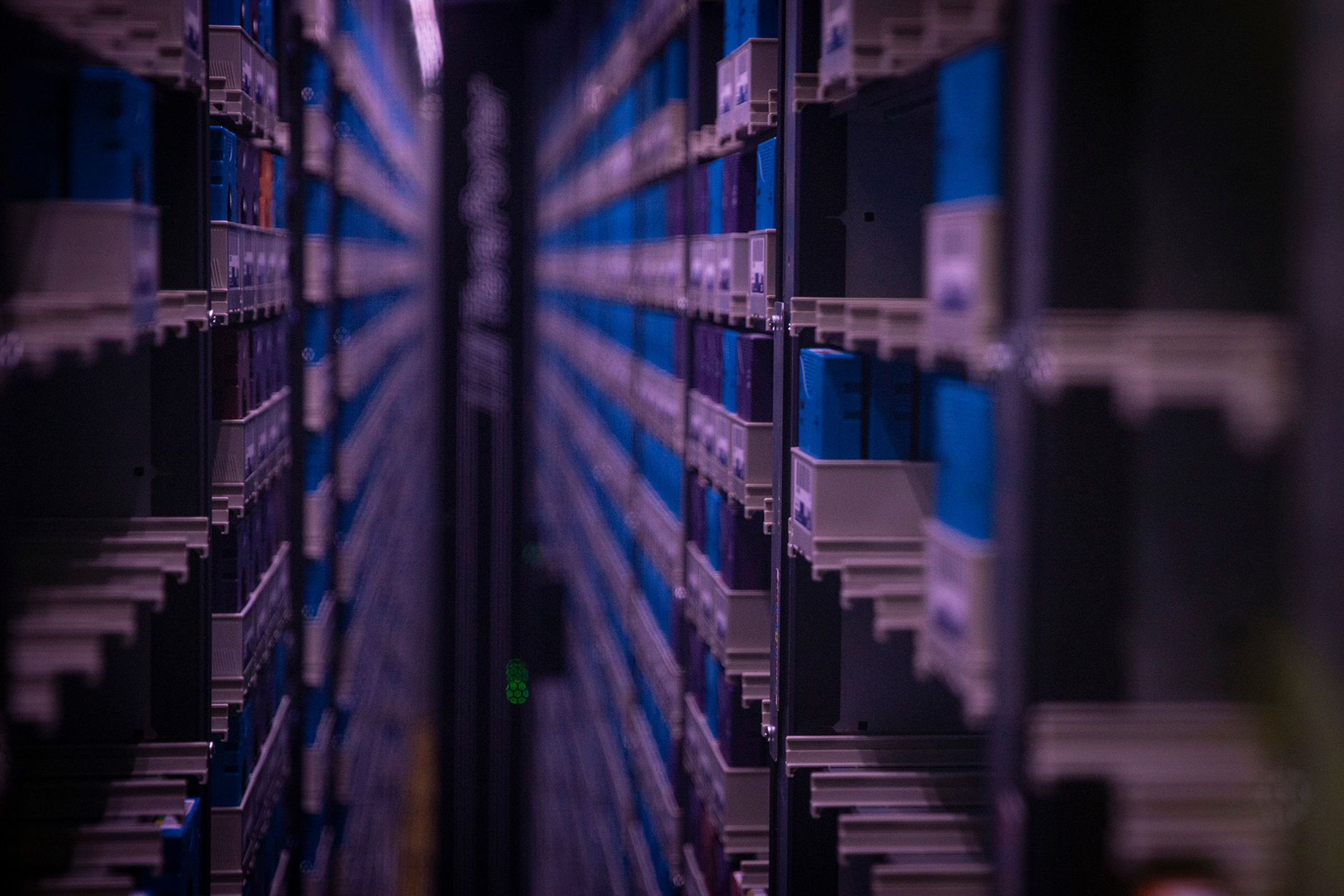 Magnetic tapes organized in a dark, narrow passage