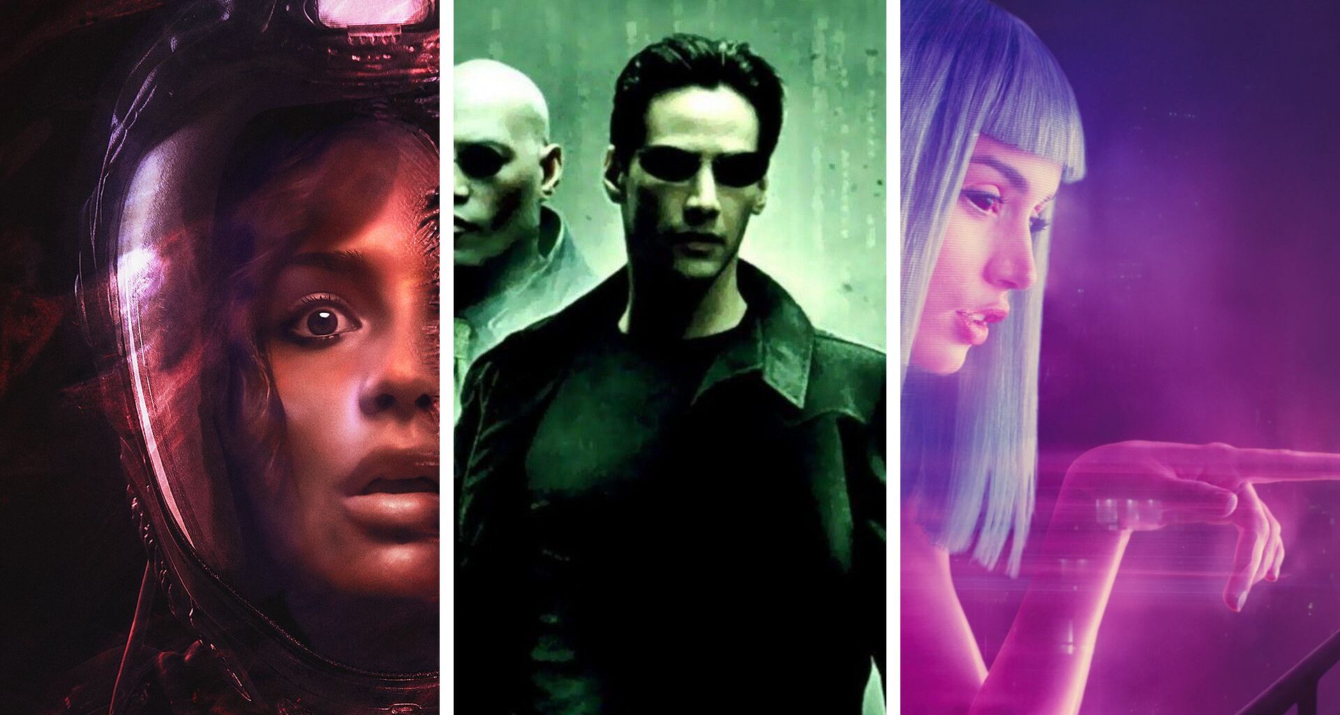 Split image showing three sci-fi movies: Ash, The Matrix, and Blade Runner 2049