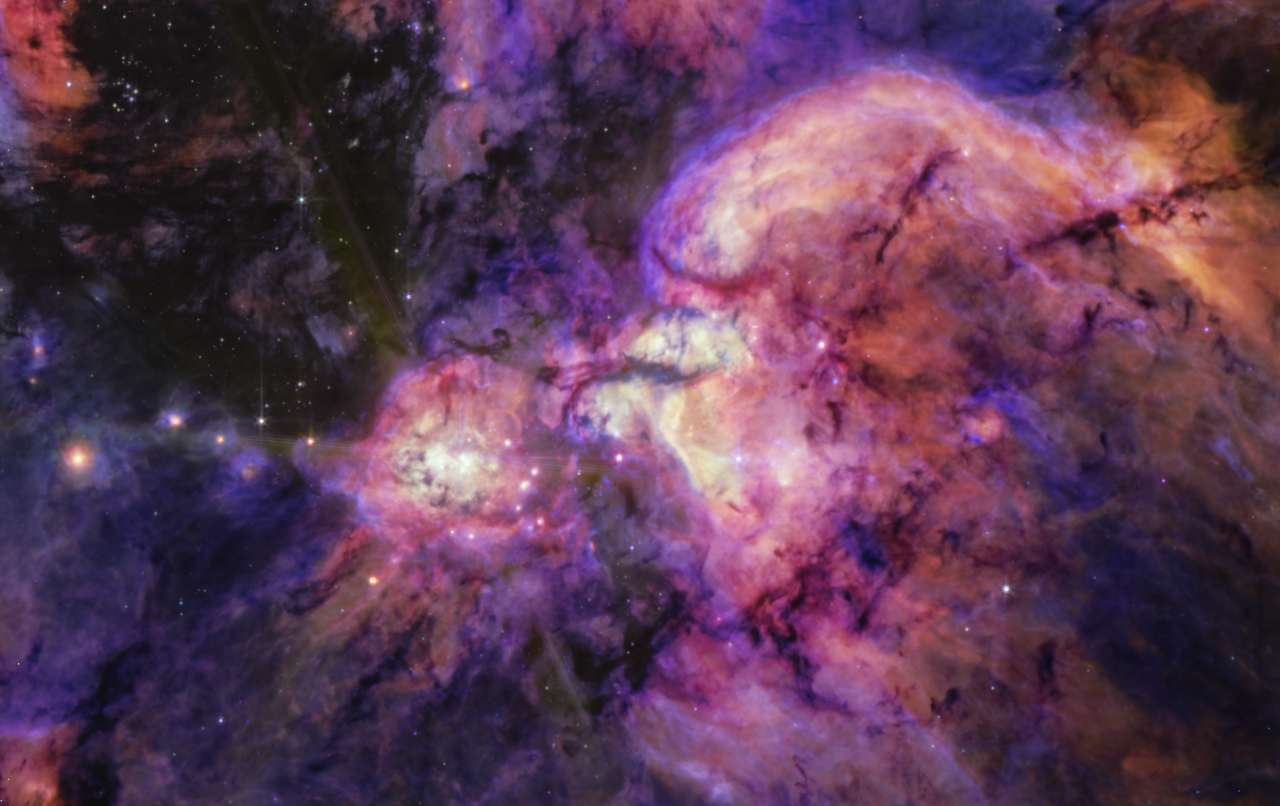 purple and white clouds of gas on a starry background