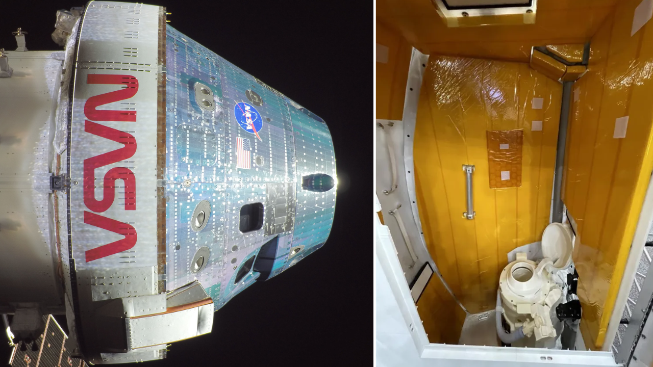 Two images with a view of an NASA Orion spacecraft on left and space toilet on right.