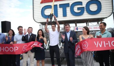 Whoop founder and CEO Will Ahmed (middle) at the opening of the new global headquarters for Whoop. Boston Mayor Michelle Wu and former Mayor Marty Walsh were on hand. Now the company has raised $575 million in a deal valuing Whoop at $10 billion.