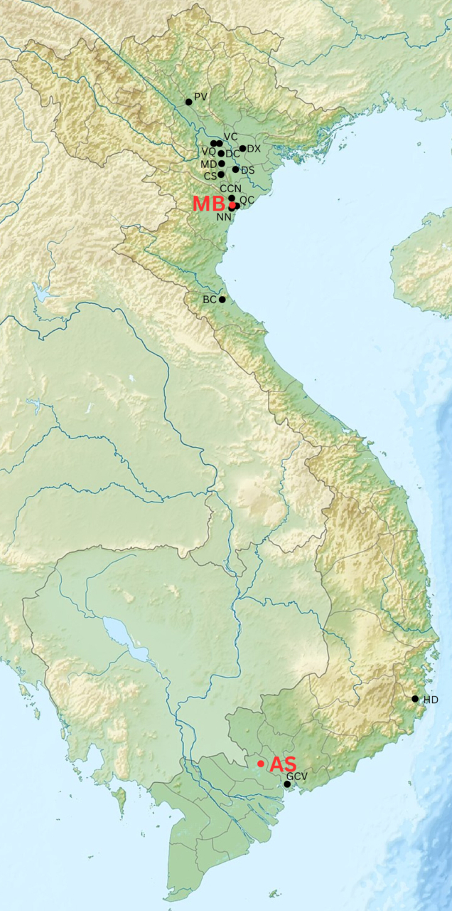 A map of Vietnam with various black dots with two letter combinations are marked in the northern part of the country