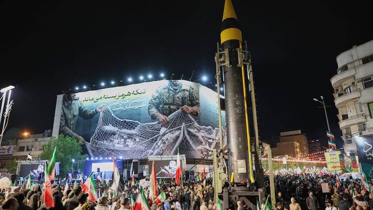 A ballistic missile is displayed by Iran's Revolutionary Guard during a pro-government demonstration at Enqelab-e-Eslami (Islamic Revolution) Square in downtown Tehran, Iran, Tuesday, April 21, 2026. 