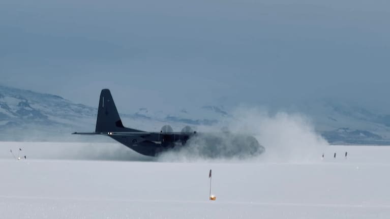A Defence Force Hercules on the ice during a medical evacuation in Antarctica/