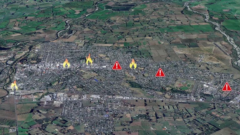 A graphic showing the locations of the church fires in Masterton.