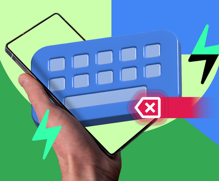 A hand holding a smartphone with a floating 3D Gboard icon, highlighting a red backspace-swipe gesture.