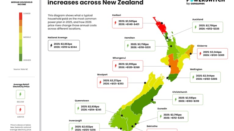 A map showing the impact of latest electricty price increases across New Zealand