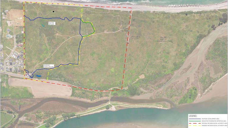 A new proposal from developers MMS GP shows a reduced Archeological Authority area outlined in blue, compared to the original (red broken lines). A maximum of three beach access paths is marked to the north and a proposed offset wetland to the south in yellow, and an indicative stormwater detention area (in green) to the east.