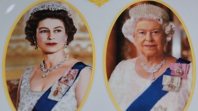 A plate with photos of late Queen Elizabeth II is on display for sale at a souvenirs shop in London, on April 17, 2026.