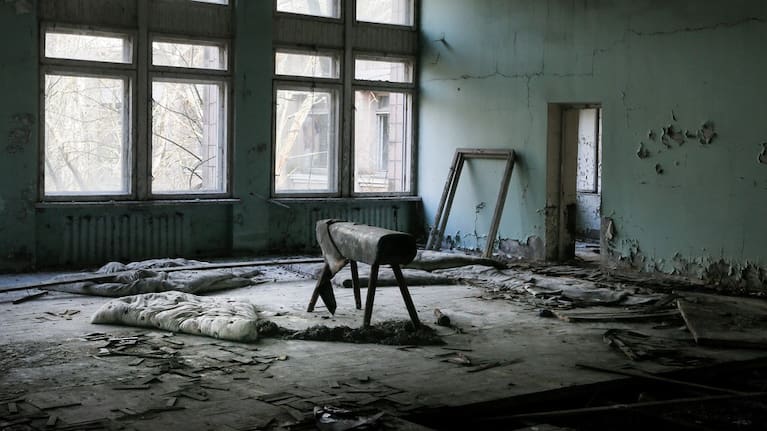 A pommel horse sits in a school gymnasium in the deserted town of Pripyat, Ukraine, April 5, 2017.