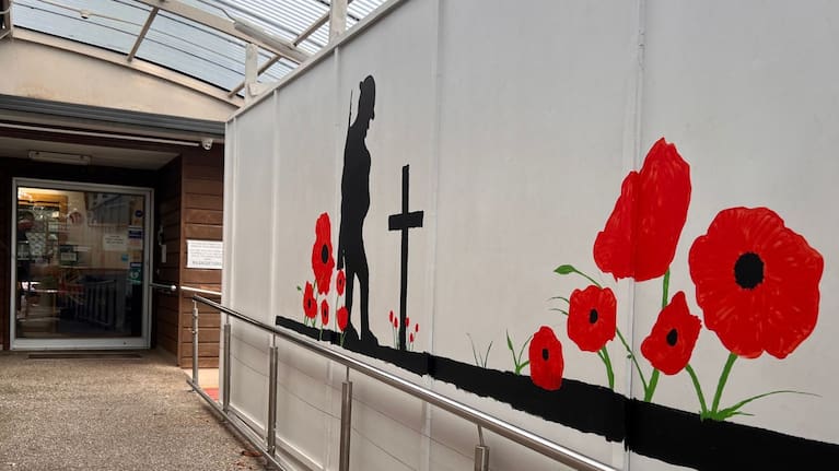 A poppy mural marks the entrance to Papatoetoe RSA as preparations are underway for Anzac Day.