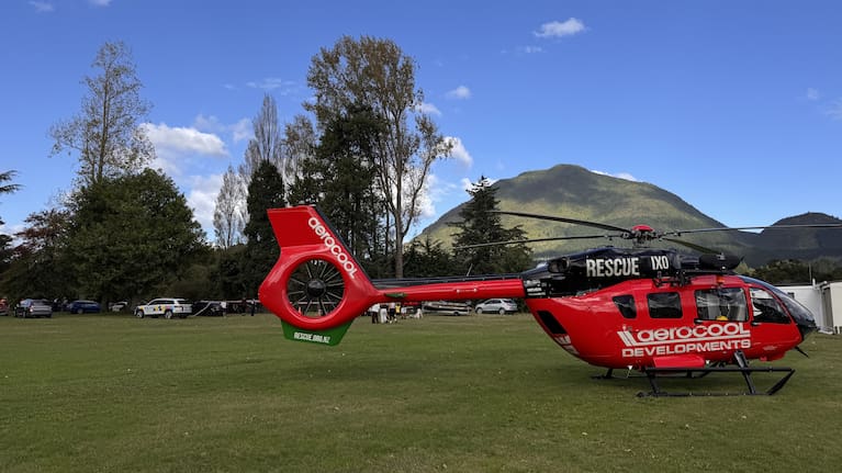 A rescue helicopter in Kawerau after two boys died in the Tarawera River.