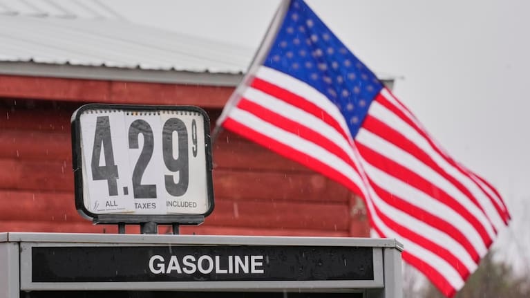 A sign shows the price of gas at a store in the US state of Maine.