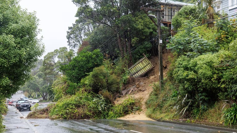  A slip, brought down by torrential rain, blocking Liardet Street, Vogeltown Wellington, New Zealand, April 20, 2026.